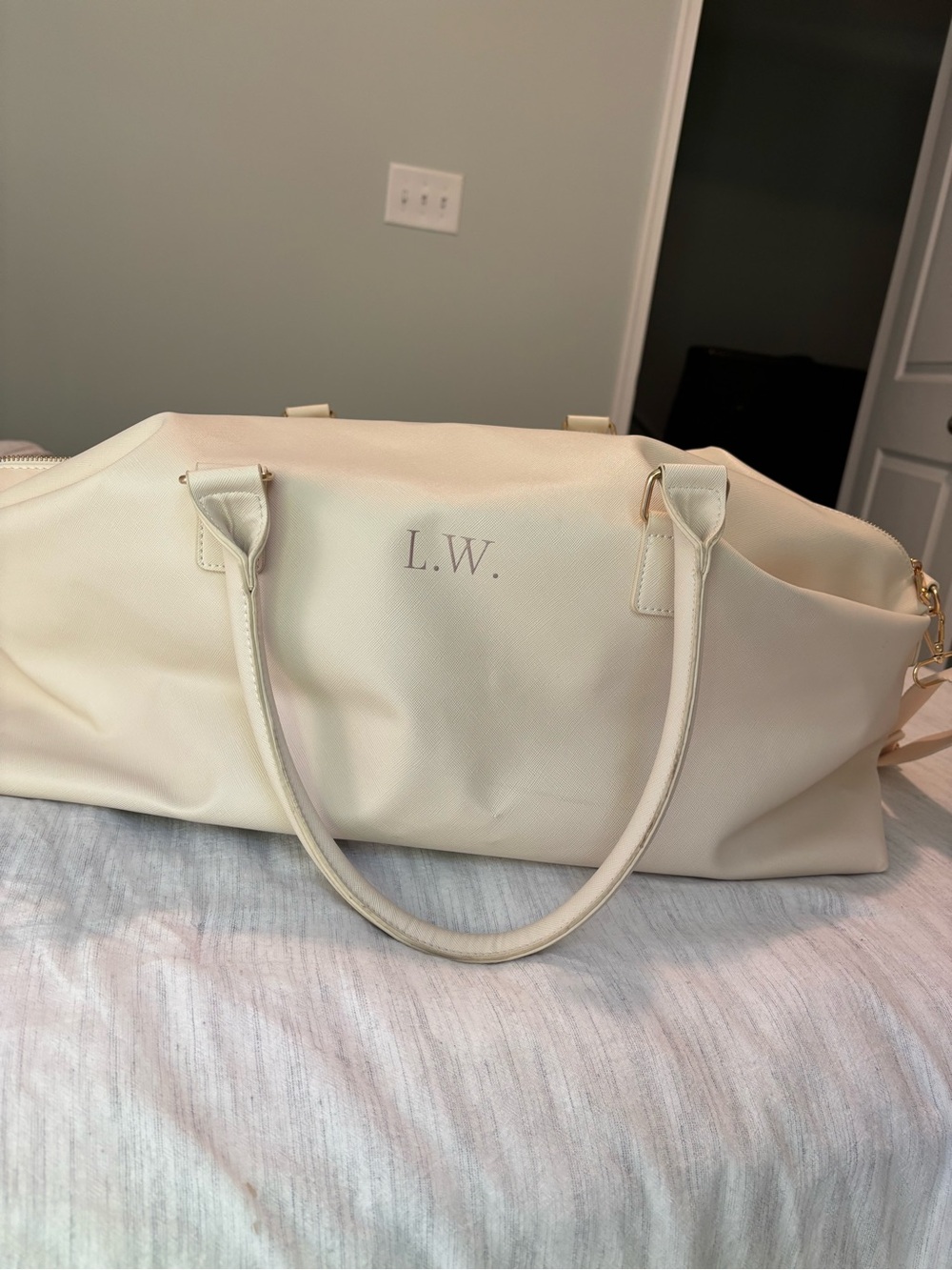 Cream Travel Duffel Bag - weekender faux leather bag L.W. initials